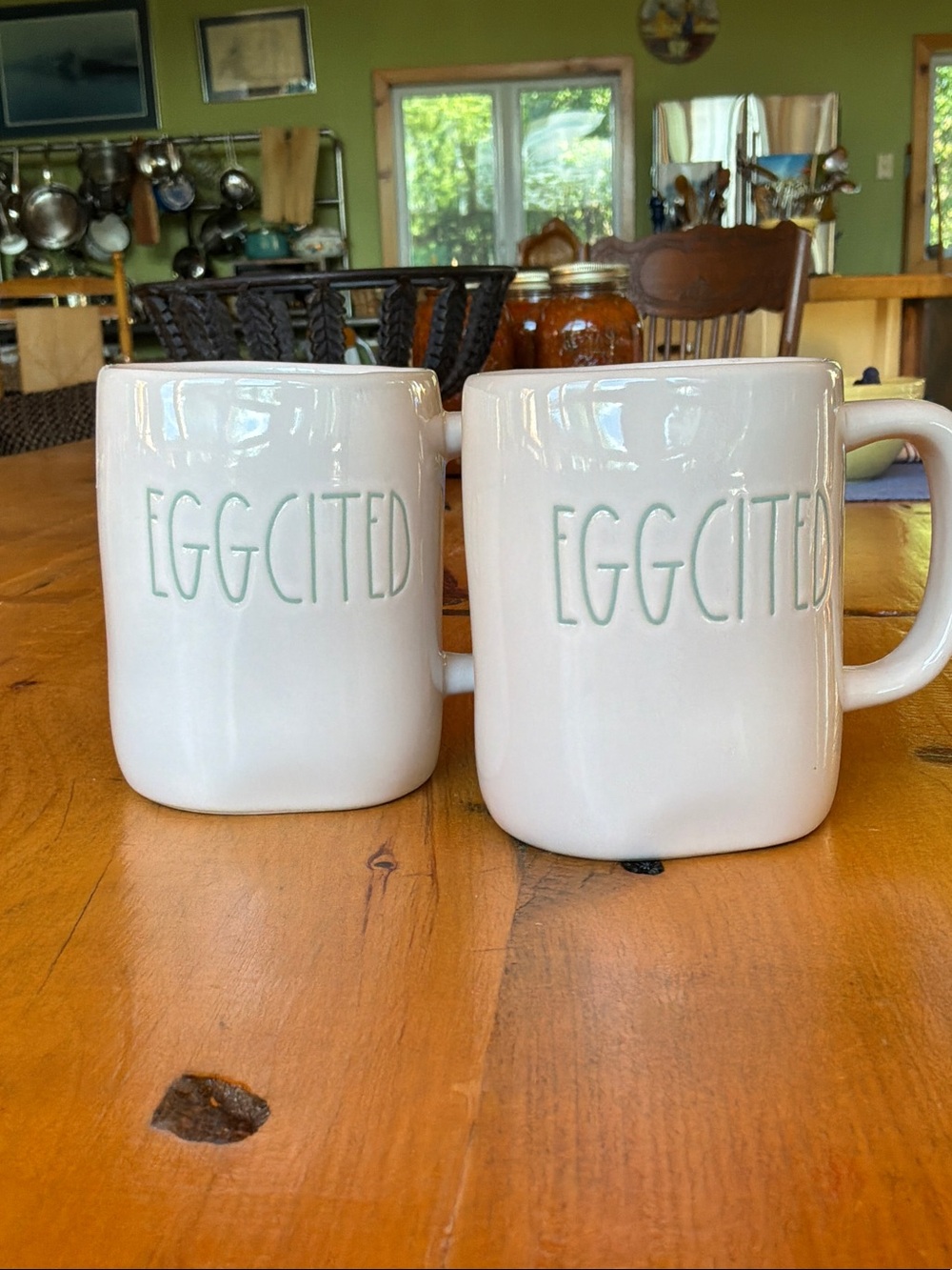 Rae Dunn White Mugs with Light Green 'EGGCITED' Lettering - Set of 2